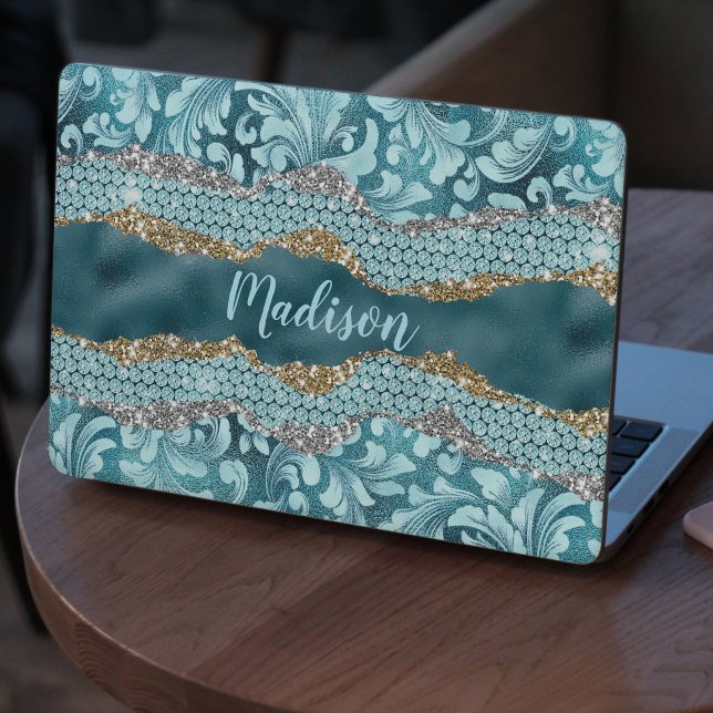 Chic floral glittery Teal Turquoise gold monogram HP Laptop Skin (Creator Uploaded)