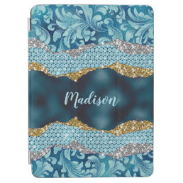 Chic floral glittery Teal Turquoise gold monogram iPad Air Cover
