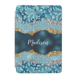 Chic floral glittery Teal Turquoise gold monogram  iPad Mini Cover