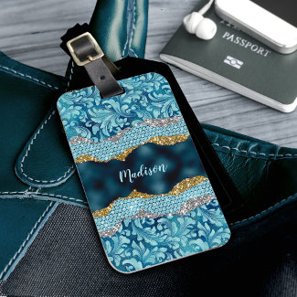 Chic floral glittery Teal Turquoise gold monogram