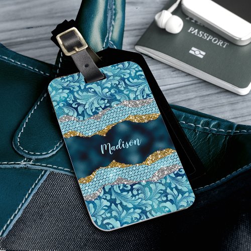 Chic floral glittery Teal Turquoise gold monogram Luggage Tag