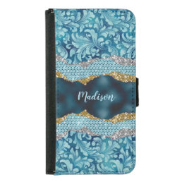 Chic floral glittery Teal Turquoise gold monogram  Samsung Galaxy S5 Wallet Case