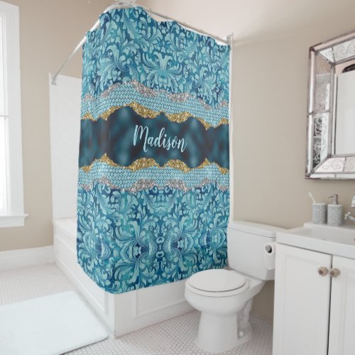 Chic floral glittery Teal Turquoise gold monogram Shower Curtain