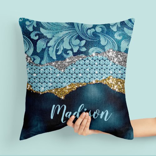 Chic floral glittery Teal Turquoise gold monogram Throw Pillow