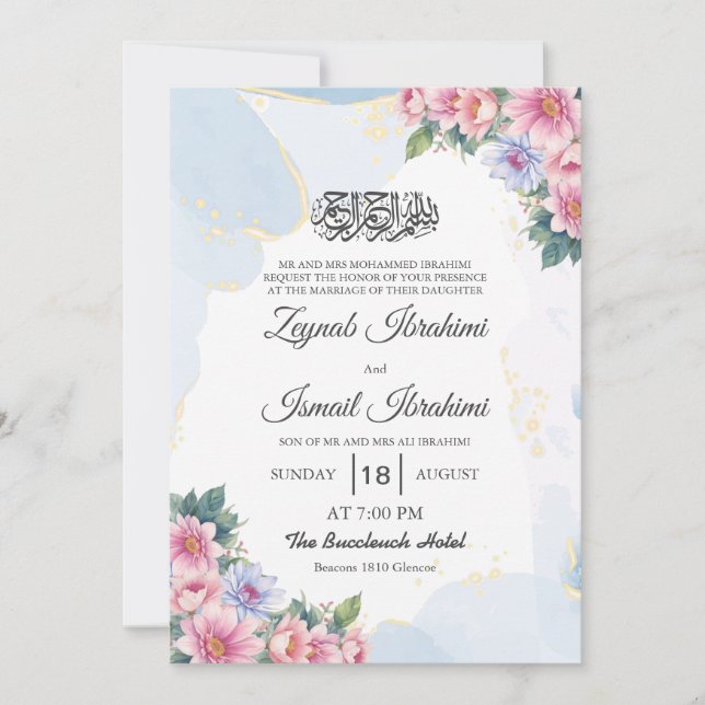 Chic Floral Gold Blue Islamic Muslim Wedding Invitation (Front)