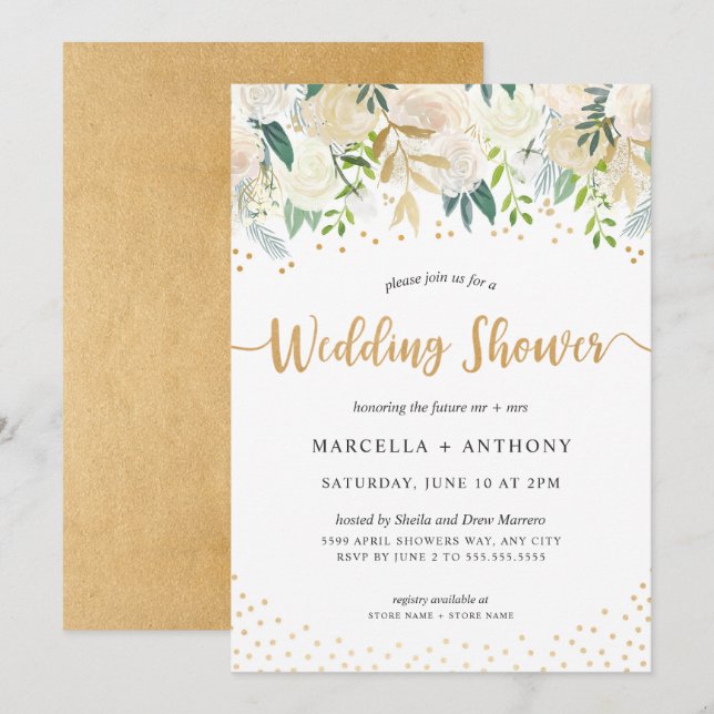 Chic Floral Gold Couples Wedding Shower Invitation (Front/Back)