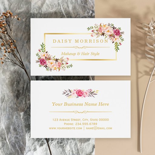 Customizable Chic Floral Gold Frame Makeup Artist Beauty Salon Business Card