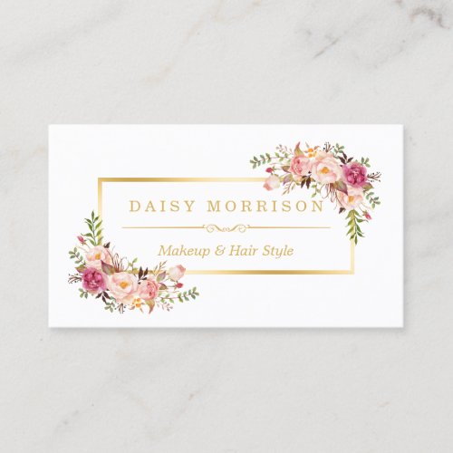 Chic Floral Gold Frame Makeup Artist Beauty Salon Business Card