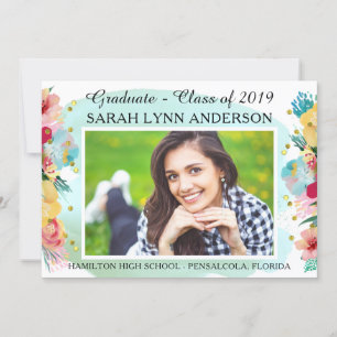 Chic Floral & Gold Glitter Watercolor Graduation Invitation