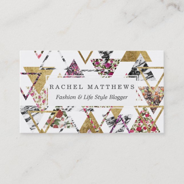 Chic Floral Gold Marble Geometric Triangles Business Card (Front)