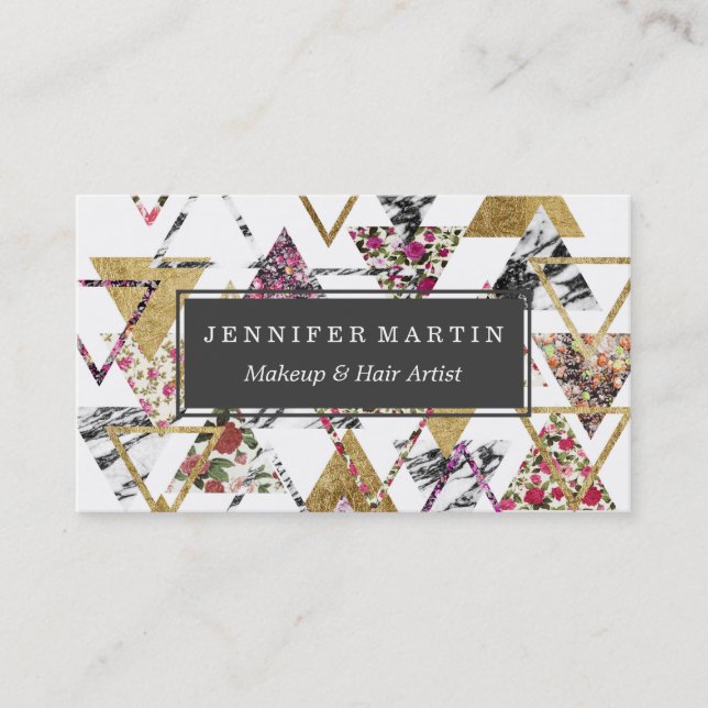 Chic Floral Gold Marble Geometric Triangles Business Card (Front)