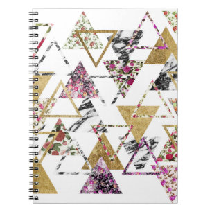 Chic Floral Gold Marble Geometric Triangles Notebook