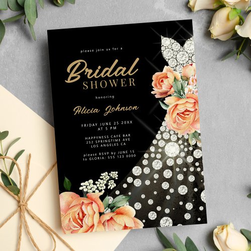 Chic floral gold wedding gown black bridal shower invitation