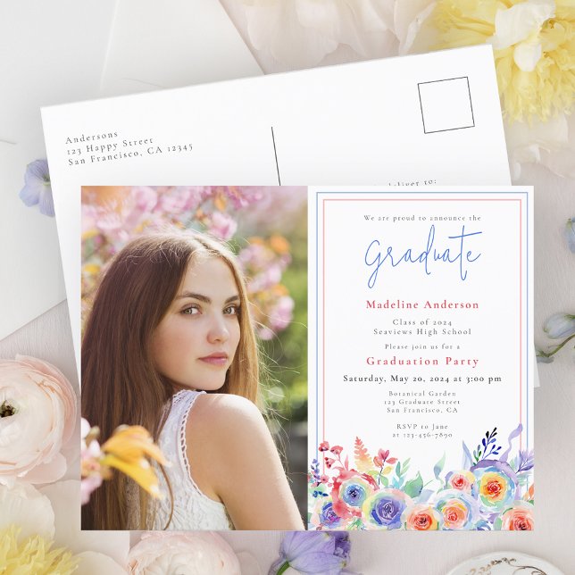 Chic Floral Graduation Party Photo Invitation Postcard (Creator Uploaded)