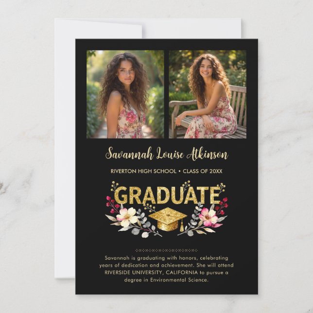 Chic Floral Graduation Photo Collage Gold Script Announcement (Front)