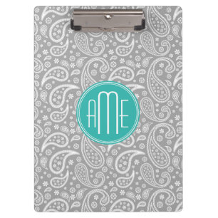 Chic Floral Gray Paisley Pattern & Blue Monogram Clipboard