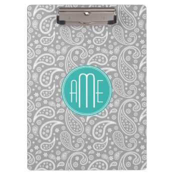 Chic Floral Gray Paisley Pattern & Blue Monogram Clipboard by ZeraDesign at Zazzle