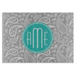 Chic Floral Gray Paisley Pattern &amp; Blue Monogram Cutting Board at Zazzle