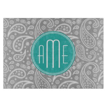 Chic Floral Gray Paisley Pattern & Blue Monogram Cutting Board by ZeraDesign at Zazzle