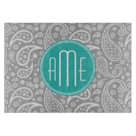 Chic Floral Gray Paisley Pattern & Blue Monogram Cutting Board