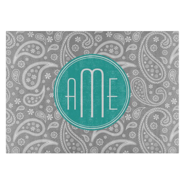 Chic Floral Gray Paisley Pattern & Blue Monogram Cutting Board (Front)