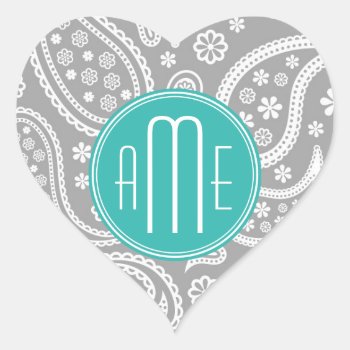 Chic Floral Gray Paisley Pattern & Blue Monogram Heart Sticker by ZeraDesign at Zazzle