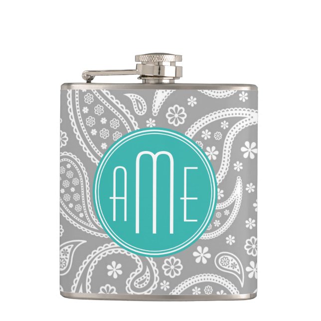 Chic Floral Gray Paisley Pattern & Blue Monogram Hip Flask (Front)