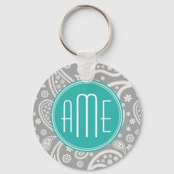 Chic Floral Gray Paisley Pattern & Blue Monogram Keychain by ZeraDesign at Zazzle