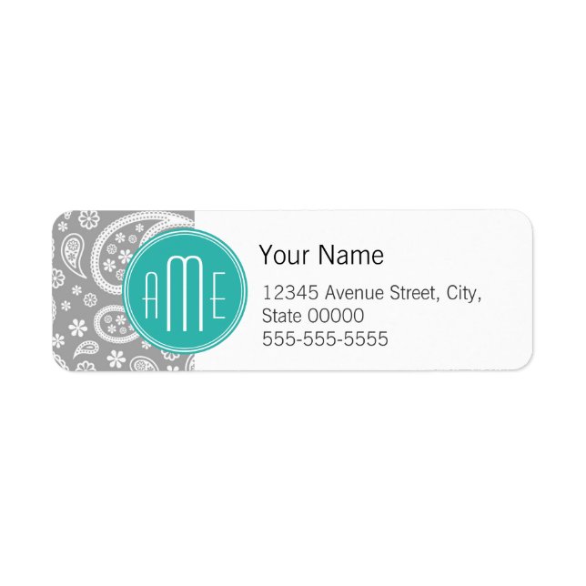 Chic Floral Gray Paisley Pattern & Blue Monogram Label (Front)
