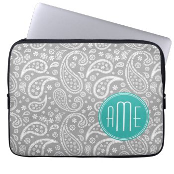 Chic Floral Gray Paisley Pattern & Blue Monogram Laptop Sleeve by ZeraDesign at Zazzle