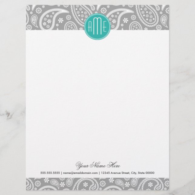 Chic Floral Gray Paisley Pattern & Blue Monogram Letterhead (Front)