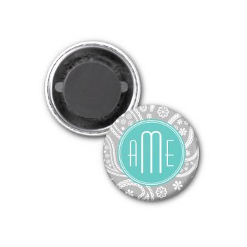 Chic Floral Gray Paisley Pattern & Blue Monogram Magnet by ZeraDesign at Zazzle