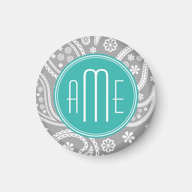 Chic Floral Gray Paisley Pattern & Blue Monogram Magnet (Front)