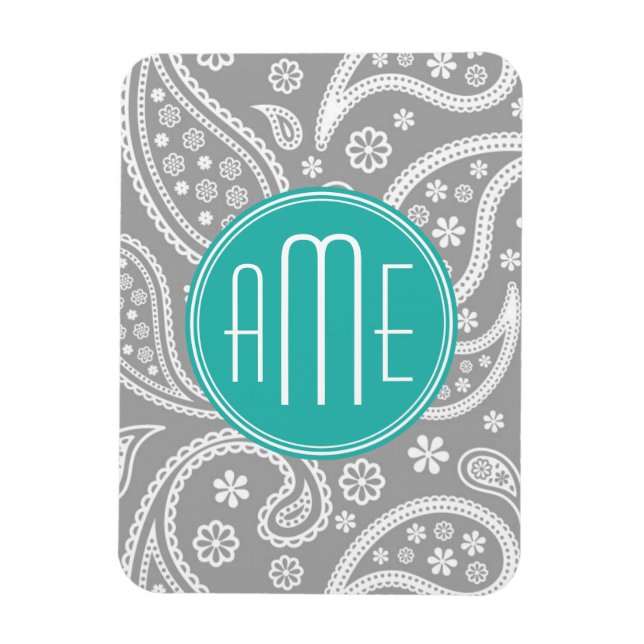 Chic Floral Gray Paisley Pattern & Blue Monogram Magnet (Vertical)