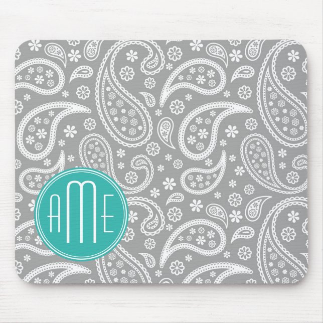 Chic Floral Gray Paisley Pattern & Blue Monogram Mouse Pad (Front)