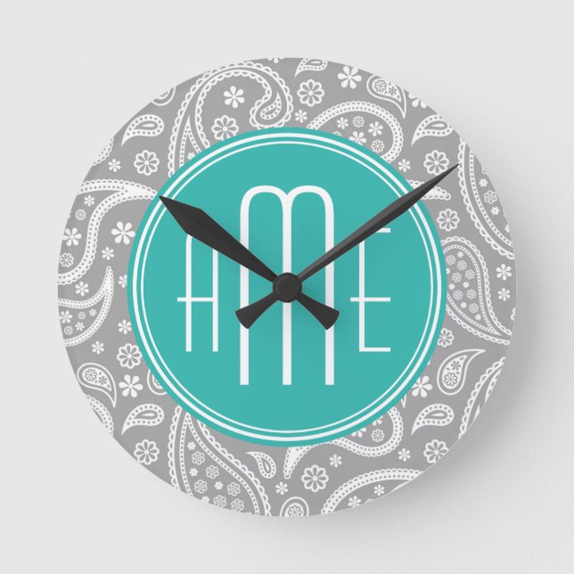 Chic Floral Gray Paisley Pattern & Blue Monogram Round Clock (Front)