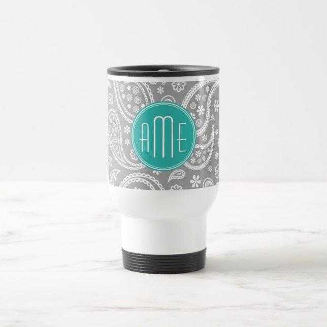 Chic Floral Gray Paisley Pattern & Blue Monogram Travel Mug (Center)