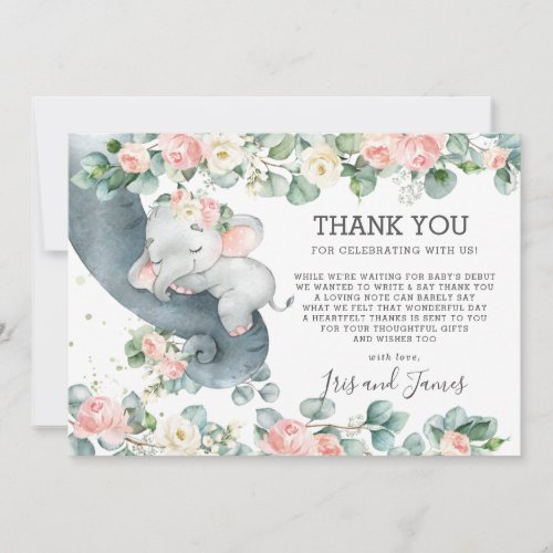 Chic Floral Greenery Elephant Baby Shower Girl Thank You Card