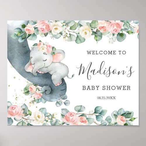 Chic Floral Greenery Elephant Baby Shower Welcome Poster