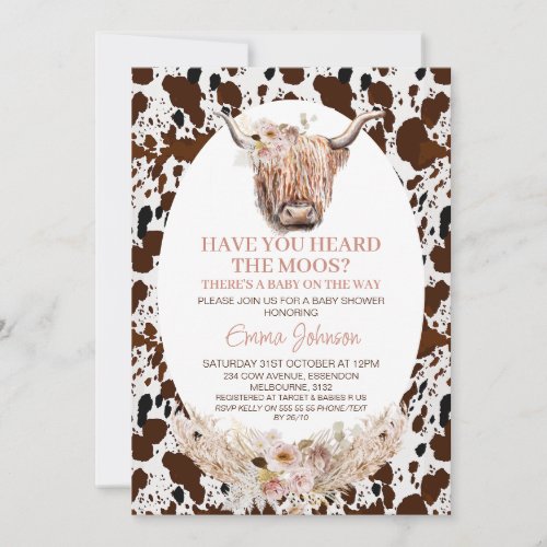 Chic Floral Highland Cow Cowhide Baby Shower Invitation