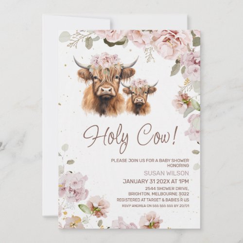 Chic Floral Holy Cow Highland Cow Baby Shower Invitation