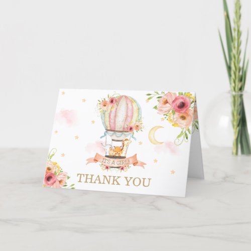 Chic Floral Hot Air Balloon Animals Baby Shower Thank You Card