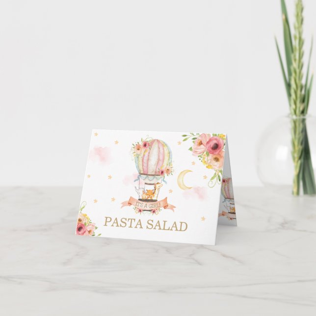 Chic Floral Hot Air Balloon Animals Food Tent Card (Front)