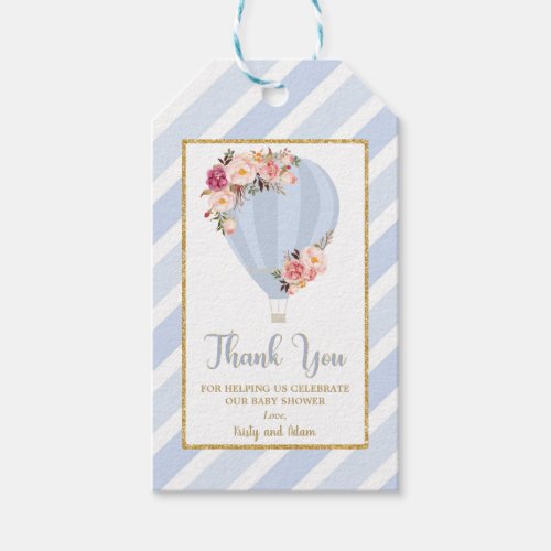 Chic Floral Hot Air Balloon Baby Shower Blue Boy Gift Tags