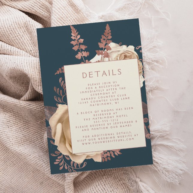 Chic Floral Ivory Rose Gold Teal Wedding Details Enclosure Card (Creator Uploaded)