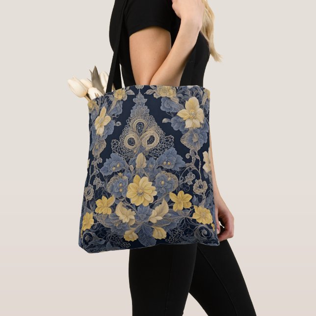 Chic Floral Lace pattern Yellow and Blue Tote Bag (Close Up)