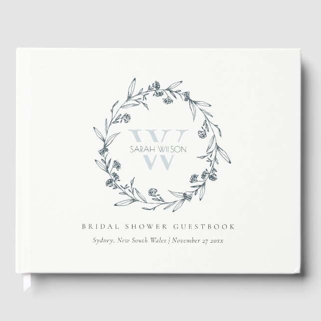 Chic Floral Laurel Wreath Monogram Bridal Shower Guest Book (Front)