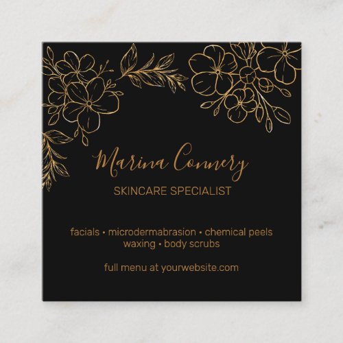 Chic Floral Line Drawing Black and Gold Square Business Card