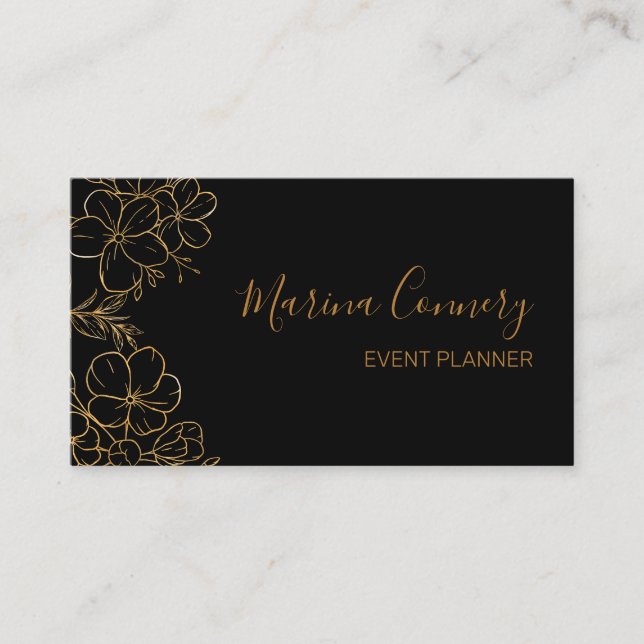 Chic Floral Line Drawing Black Gold Event Planner Business Card (Front)
