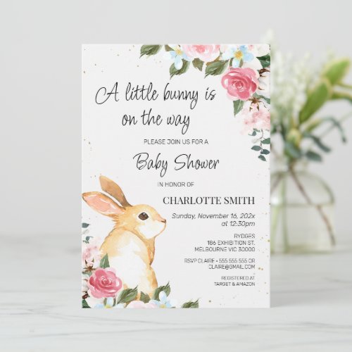 Chic Floral Little Bunny Baby Shower Invitation